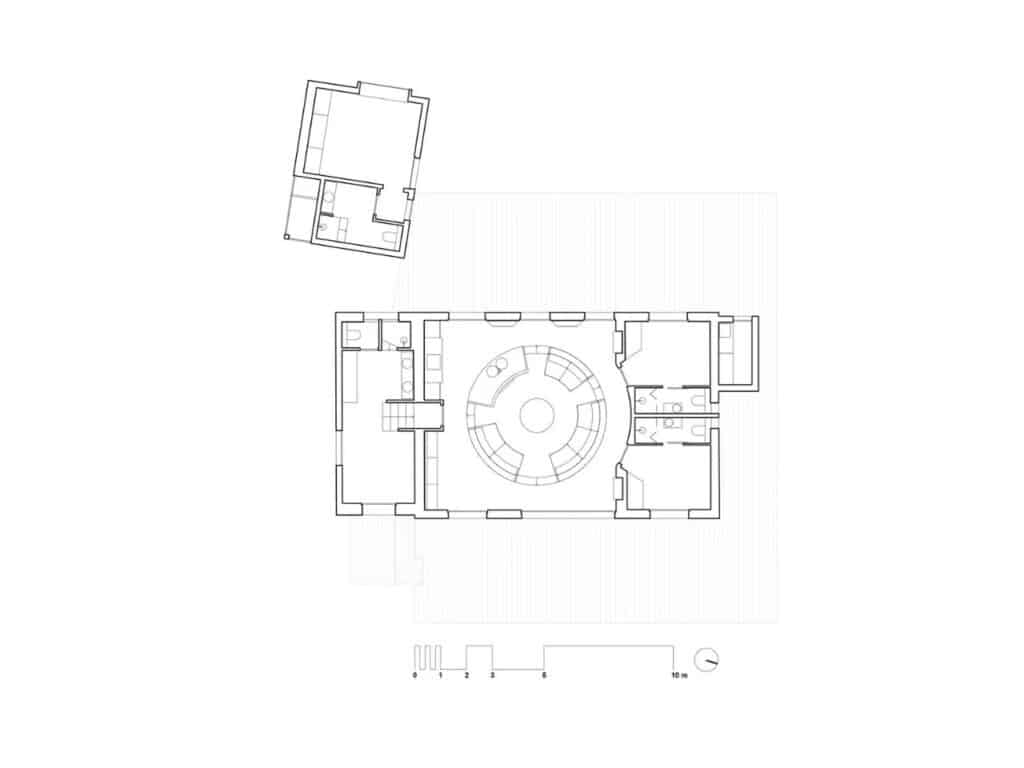 Architectural floor plan of Seaside House highlighting the circular central conversation pit and interior layout.