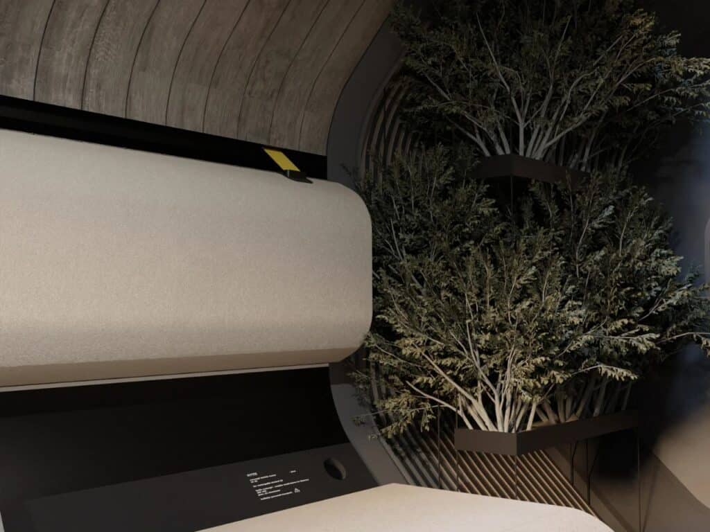 Close-up of interior greenery and wooden slat ceiling inside the HYTTE mobile home.