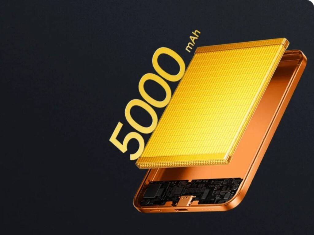 Exploded view of an orange power bank revealing the 5000mAh high-density battery cell inside.