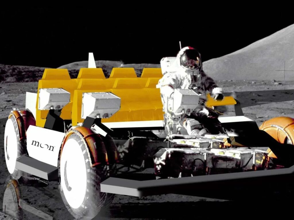 A digital simulation showing an astronaut driving a "Moon" branded lunar rover on a simulated lunar surface.