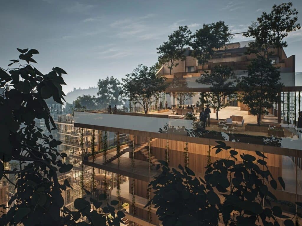 View from a high-level terrace of Verdant Syndicate overlooking the urban landscape through a frame of lush leaves and timber columns.