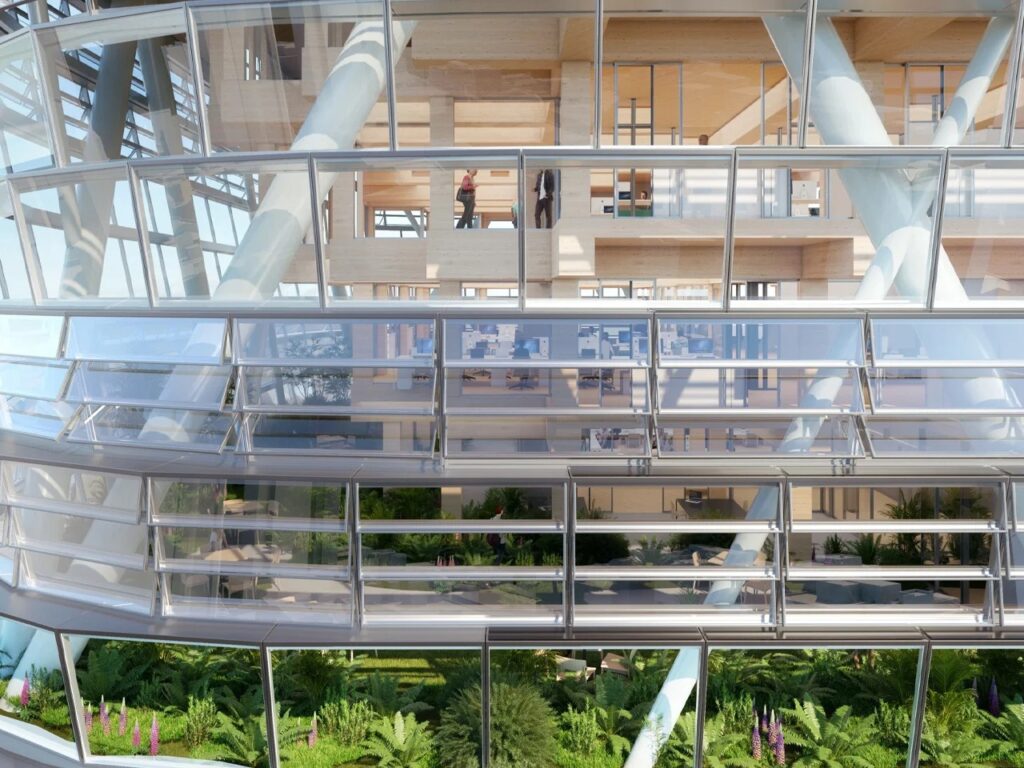 Architectural visualization of the interior habitat with mass timber beams, glass louvers, and indoor plants.