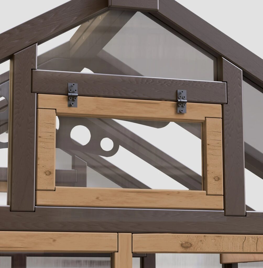 Close-up of a wooden window vent on a greenhouse with high-quality hinges and polycarbonate glazing.