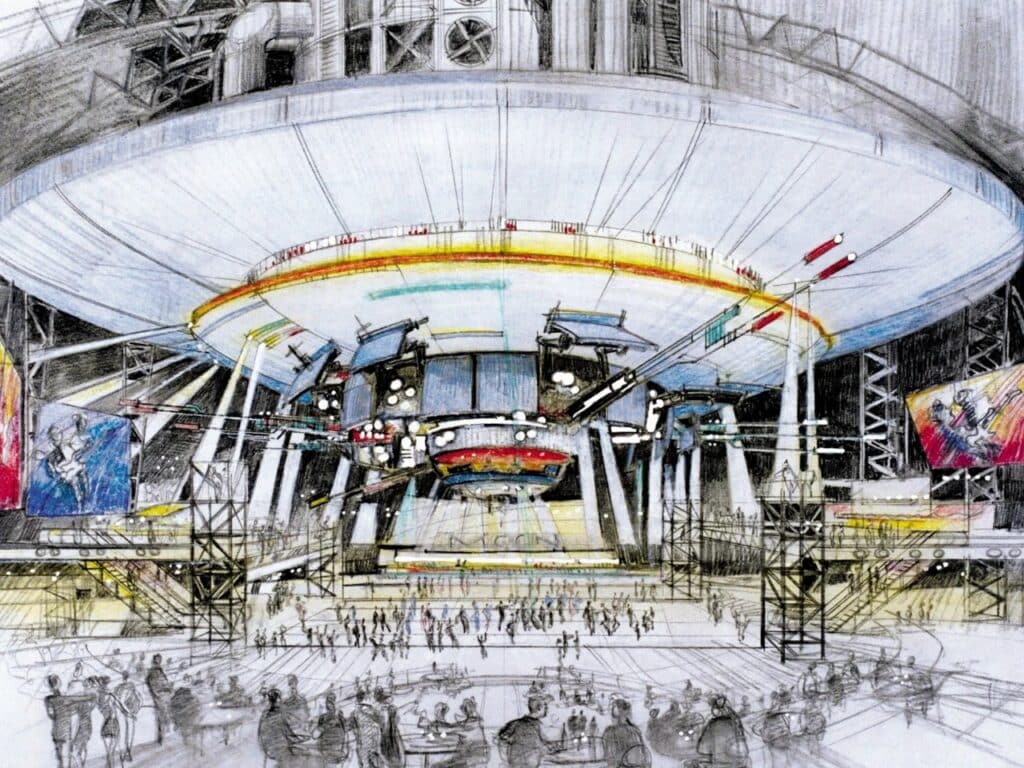 Architectural concept sketch of the interior event space within the Moon project, showing a massive disc-shaped ceiling and multi-level viewing platforms.