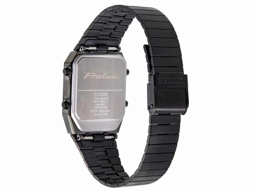 Back view of the black ion-plated Citizen Ana-Digi Temp watch with "Prelude" logo.