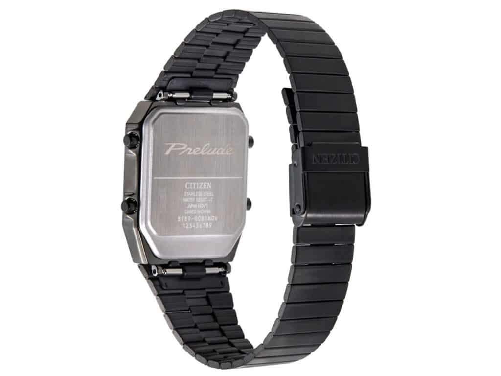 Back view of the black ion-plated Citizen Ana-Digi Temp watch with "Prelude" logo.