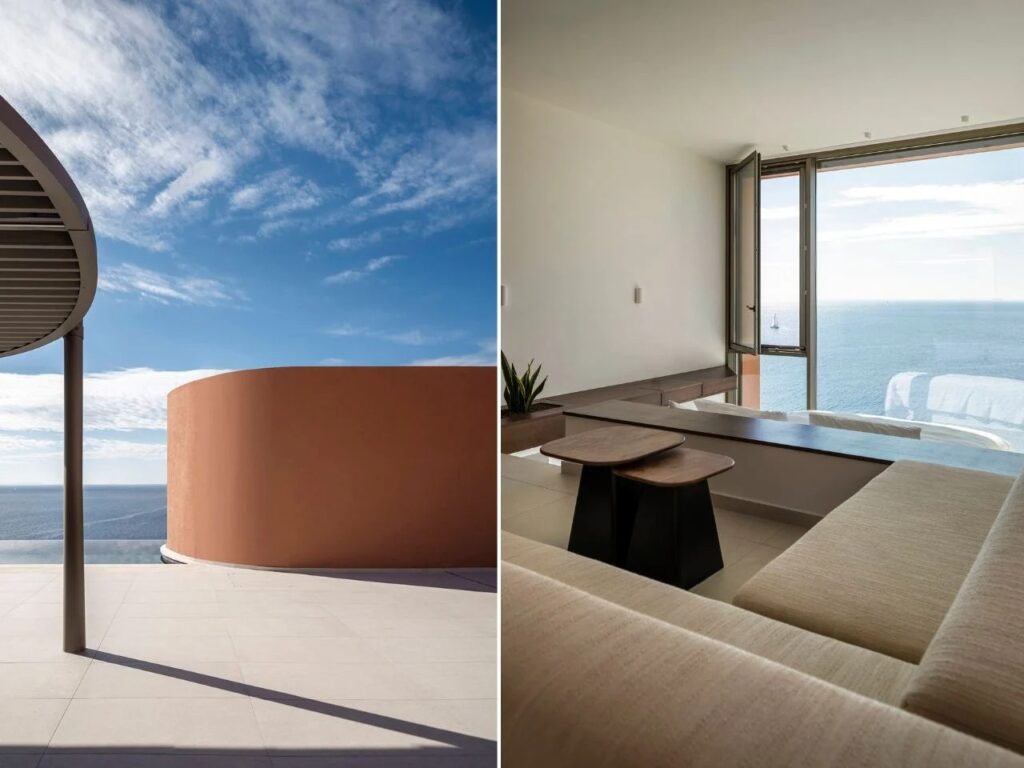 Split view showing a curved terracotta wall against the sky and a minimalist living room with a window framing the sea.