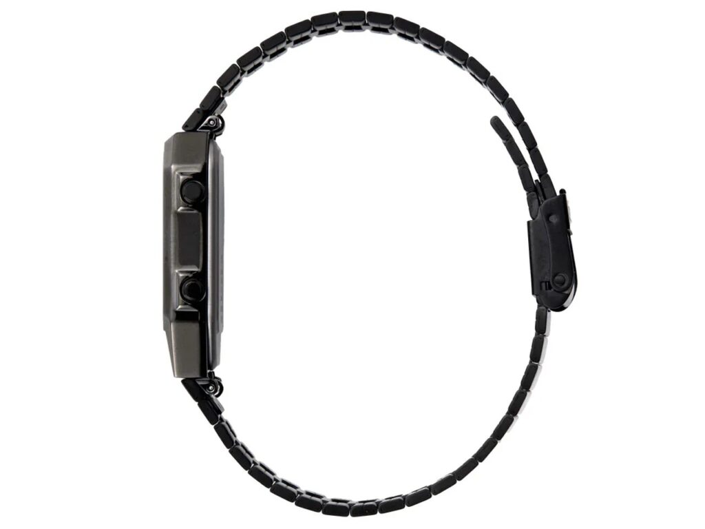 Side profile of the black Citizen Ana-Digi Temp watch showing black pushers and slim design.