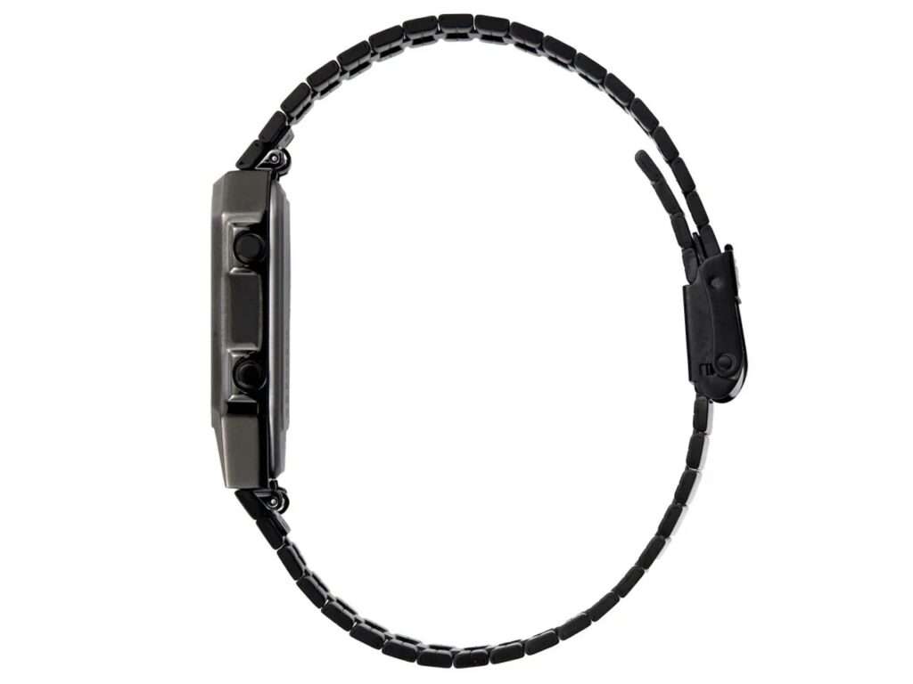 Side profile of the black Citizen Ana-Digi Temp watch showing black pushers and slim design.