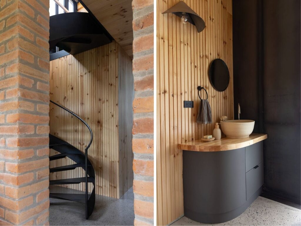 Split image showing a black spiral staircase against a brick wall and a minimalist bathroom with a stone basin and timber walls.