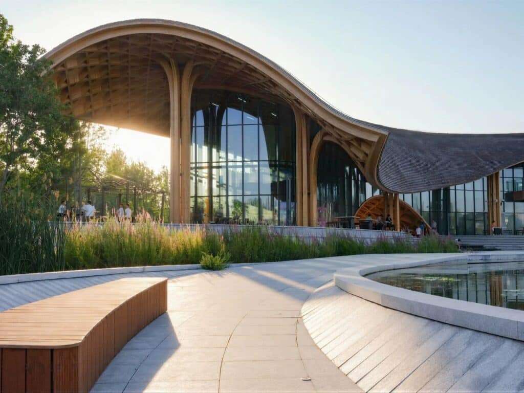 Warm sunset light hitting the timber columns and glass facade of the lakeside restaurant.