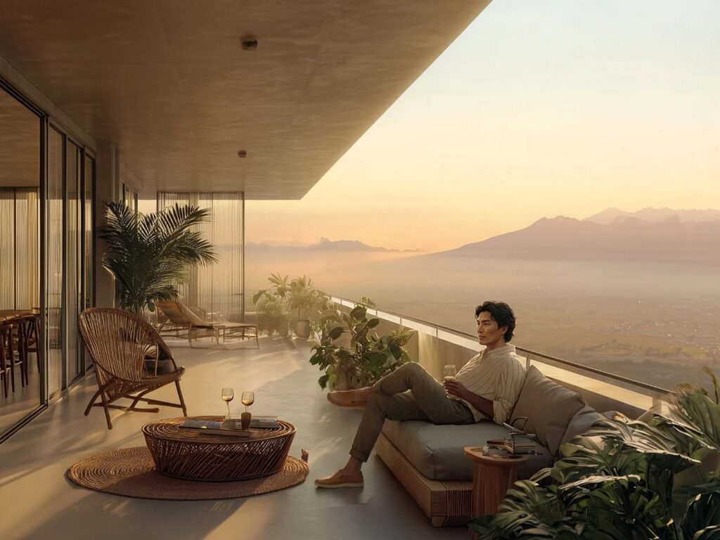 A luxury residential balcony at the Alatau Iconic Complex featuring a man relaxing and a sunset view over the Kazakhstan landscape.