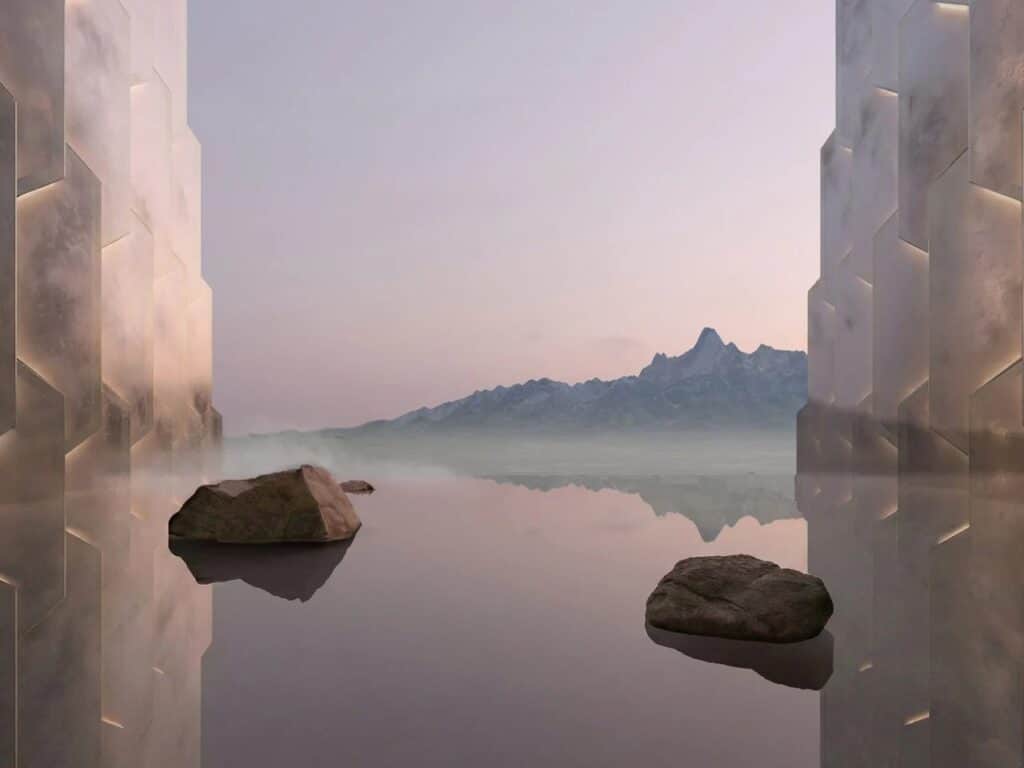 Minimalist architectural reflection pool at the Alatau Iconic Complex with geometric stone walls and mountain views in the background.