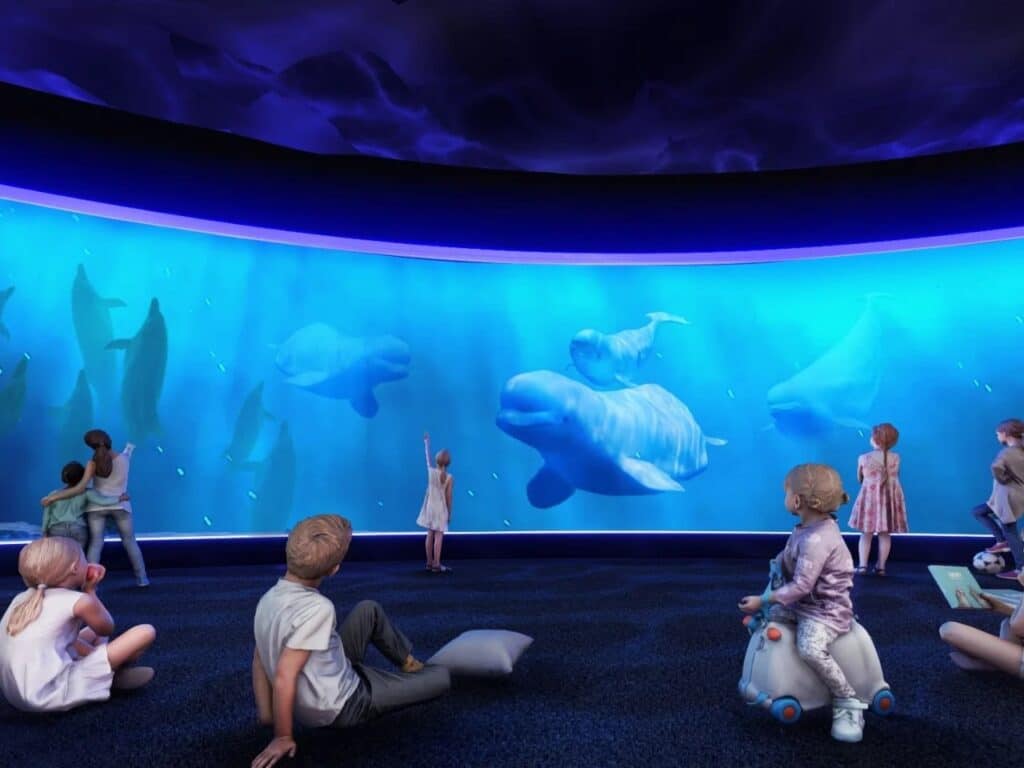 Children in an immersive digital room with a large curved screen showing life-sized beluga whales and marine life.