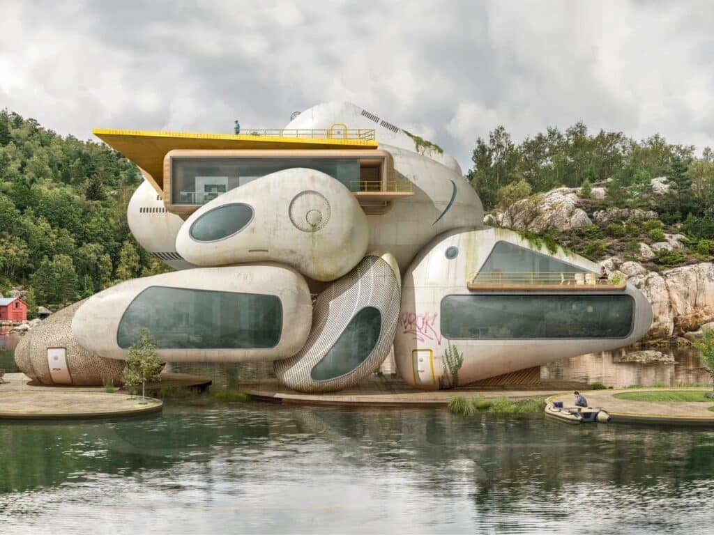 A large, weathered industrial-style floating structure with multiple rounded window pods and a yellow roof deck.