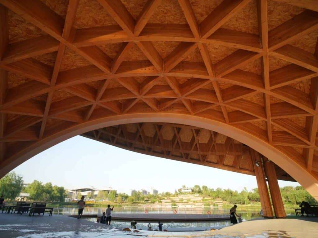 Underside view of the intricate timber grid shell roof framing the lake and park landscape.