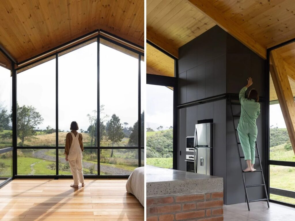 Split image: left shows a woman looking out of a large bedroom window; right shows a woman climbing a black ladder to reach high storage in a modern kitchen.