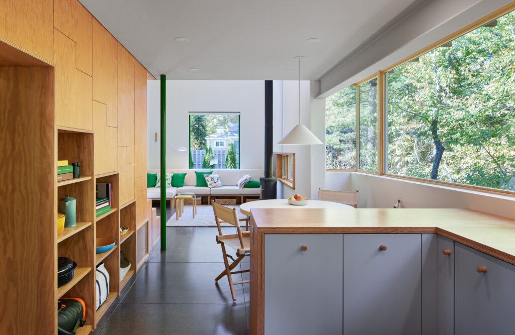 View from the kitchen toward the living area showing built-in plywood shelving and green accents.