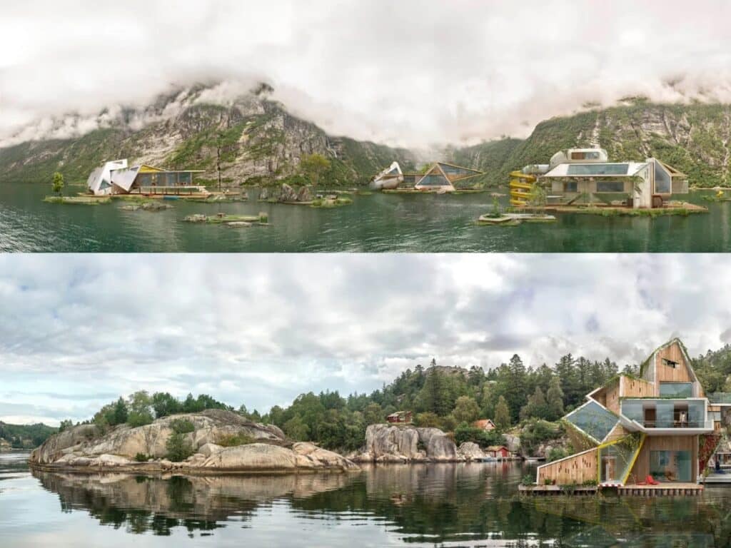 Two panoramic views of experimental architectural clusters: top showing futuristic pods on water, bottom showing wood-clad modular cabins integrated into a rocky shoreline.