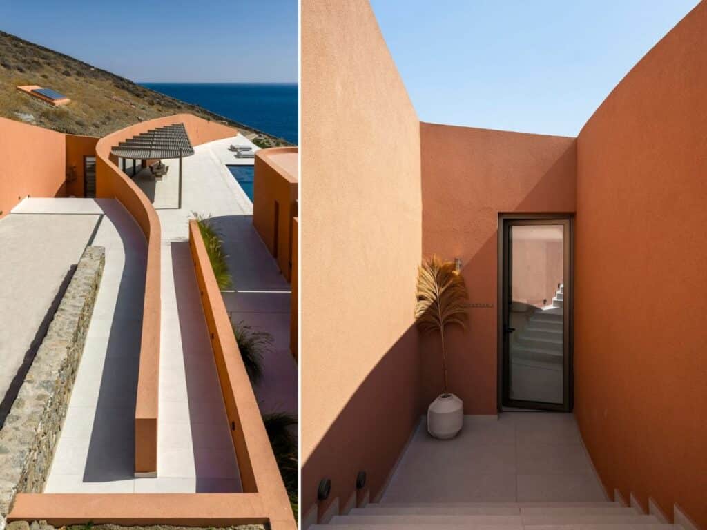 A collage showing a high-angle view of the resort's terraces and a close-up of a minimalist suite entrance with a terracotta finish.