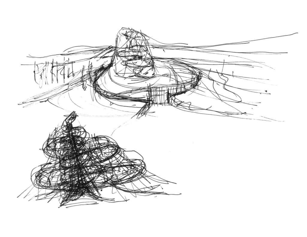 Conceptual hand-drawn sketches of The Leaf showing the evolution of the spiral form and organic growth logic.