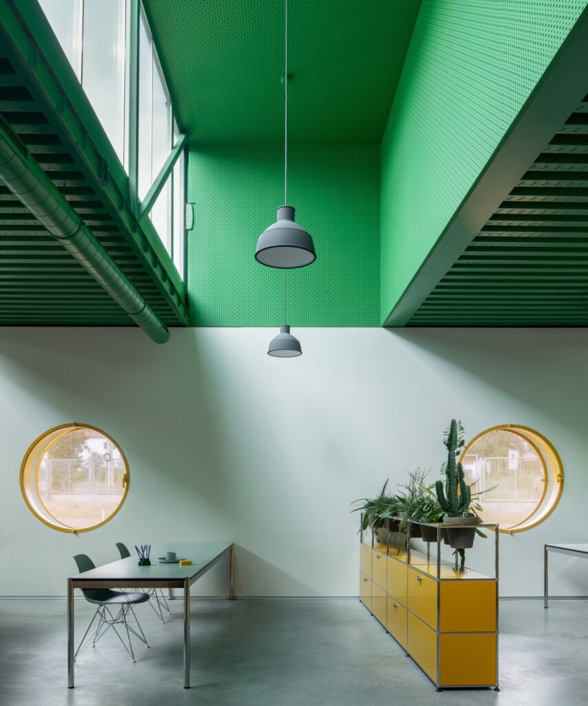 Minimalist office interior with circular yellow windows and a large green skylight providing soft daylight.