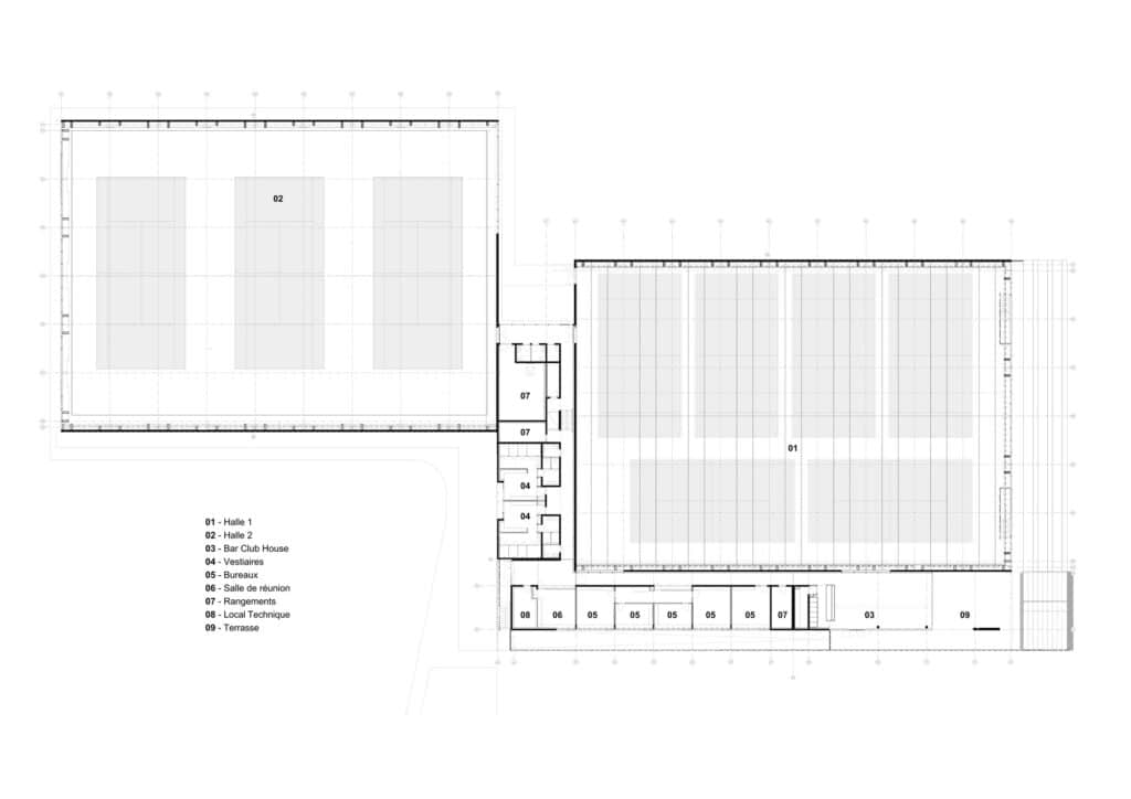 Detailed architectural floor plan of the Sporting Vichy facility showing tennis halls, club house, and changing rooms.