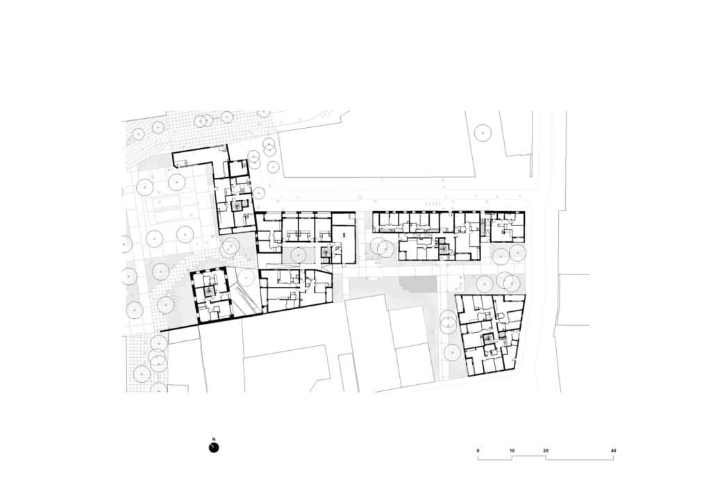Ground floor site plan of Bastide-Niel showing building footprints and public open spaces.
