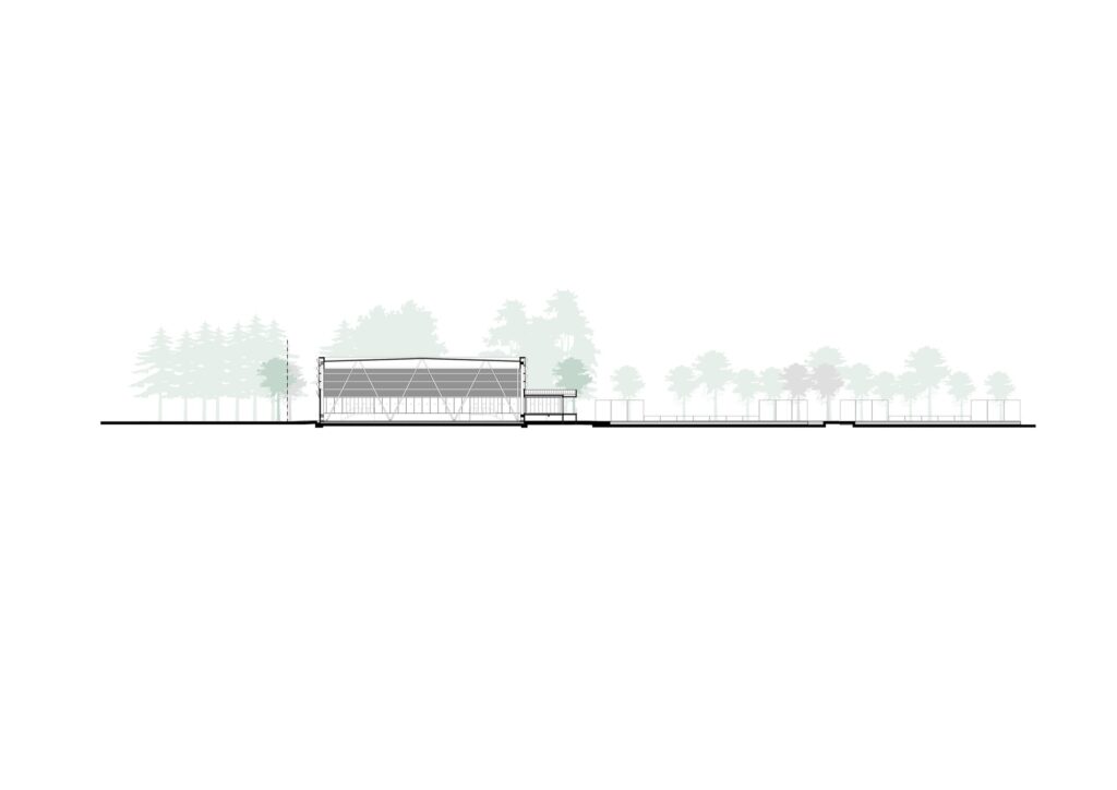 Architectural section of the Sporting Vichy project showing the building height in relation to the surrounding trees and riverbank.
