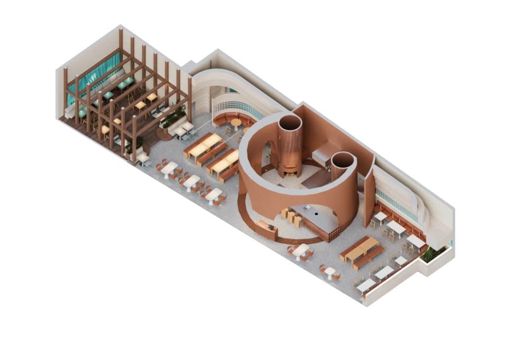 3D isometric architectural floor plan (Axonometric) of the Blu Mare project showing the layout and furniture.