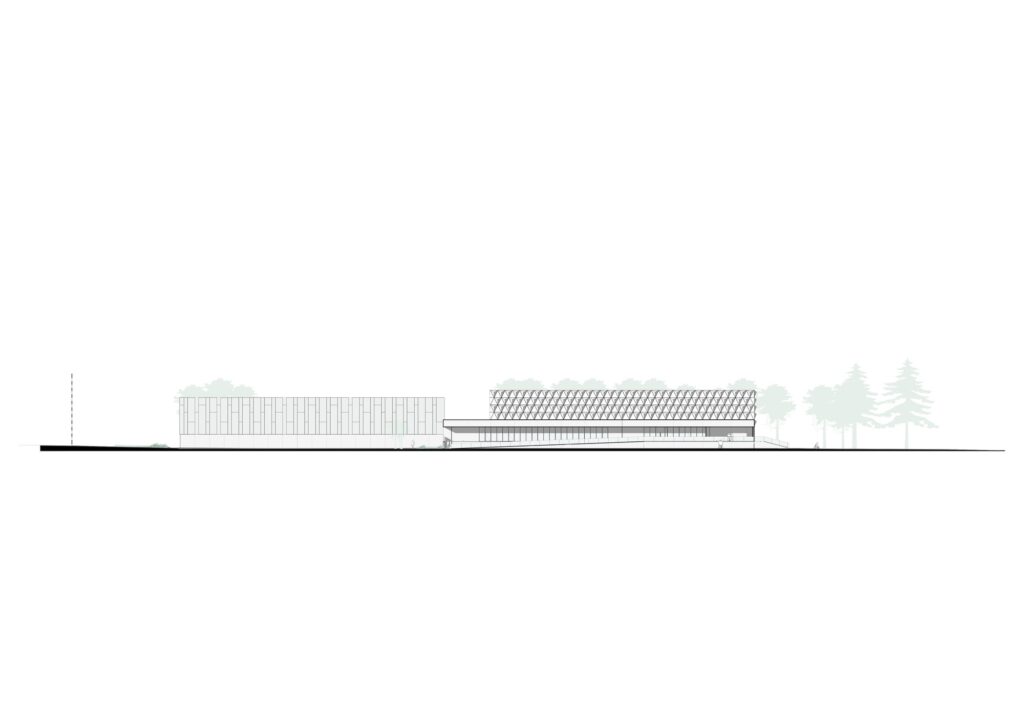 South facade technical drawing of Sporting Vichy showing the rhythmic triangular patterns and the long horizontal ramp.