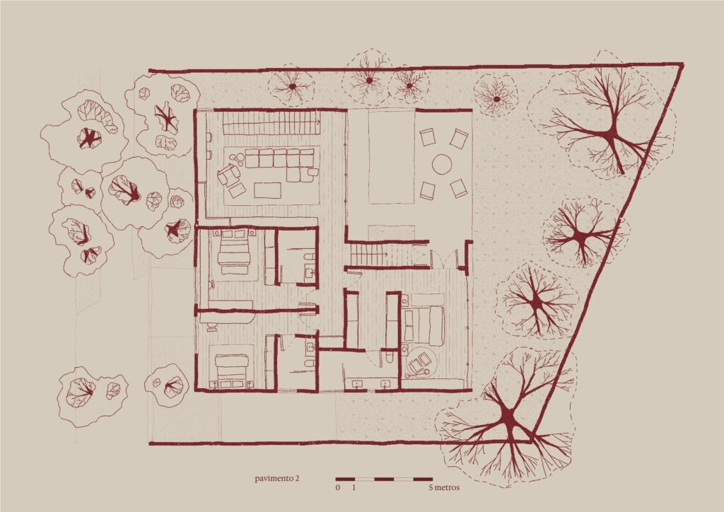 Architectural floor plan of the second level of Taman&aacute;s House showing bedrooms and social layout.