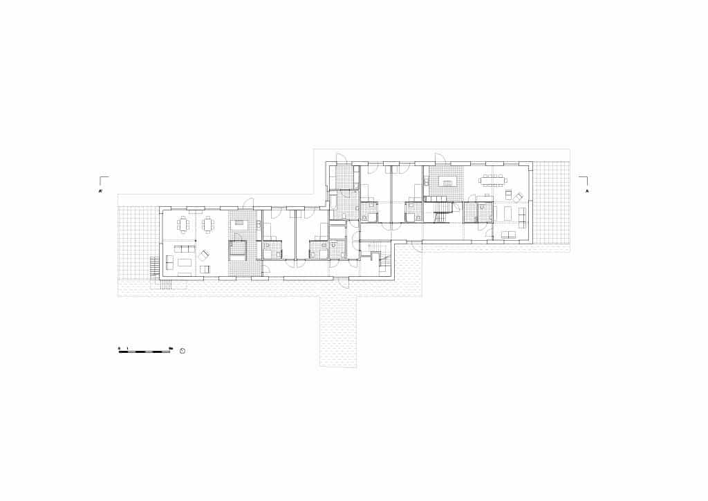Detailed architectural floor plan of Care Villa showing the distribution of studios, common areas, and corridors.