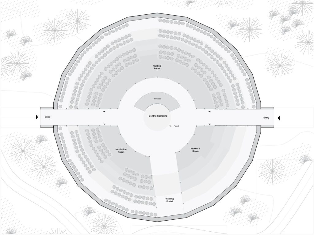 Architectural floor plan of the Mushroom Pavilion showing the fruiting room, incubation room, and central gathering space.