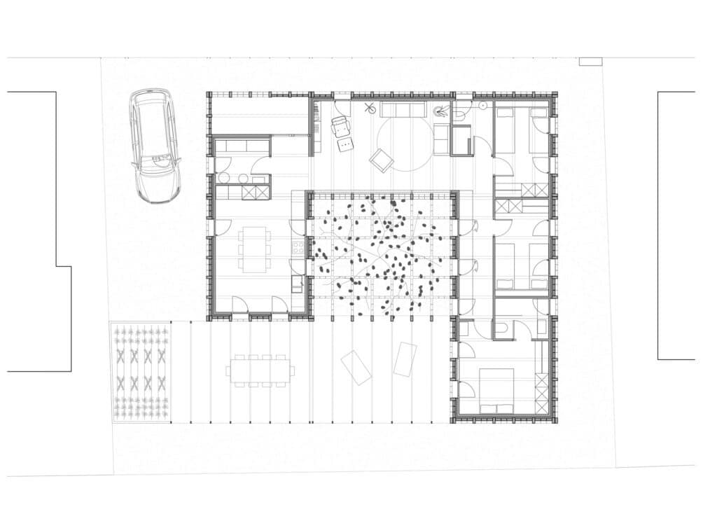 Architectural floor plan of House 1603 by HARQUITECTES showing the central courtyard and four interconnected wings.
