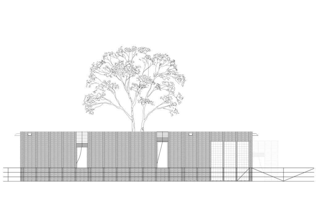 Architectural elevation drawing of House 1603 highlighting the vertical rhythm of the facade and the central elm tree.