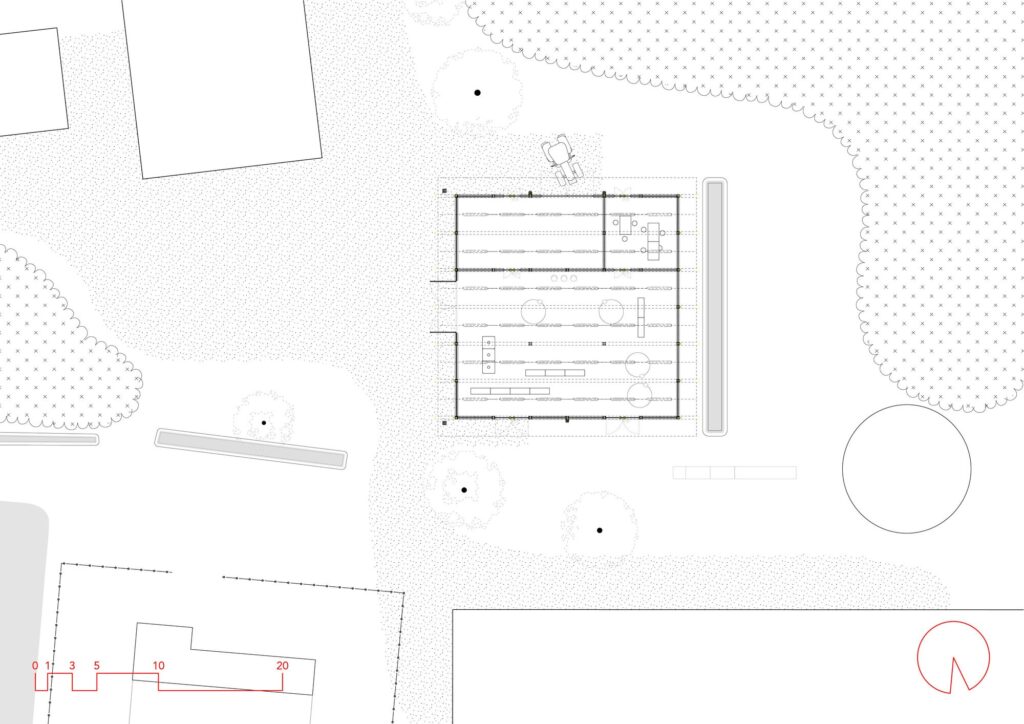 Site plan and surroundings of the Research Barn for Aquatic Ecology showing its orientation and nearby landscape features.