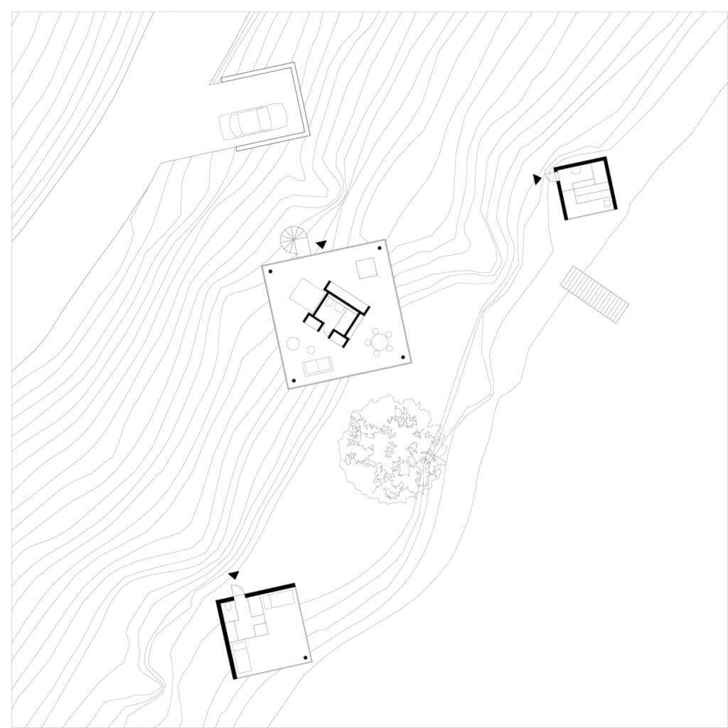 Architectural site plan of Bor&aring;s Getaway House showing the distribution of the four cubic structures on the contour lines of the slope.
