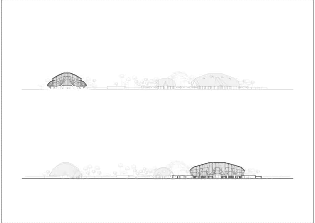 Longitudinal sections of the Sharjah Bridi Park buildings showing the timber frames and thatch roof profiles.