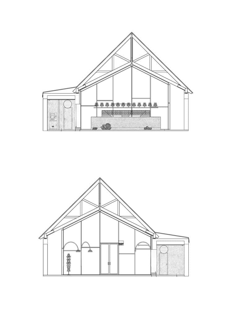 Architectural section drawings of the Lopota building showing the sloped roof and interior heights.