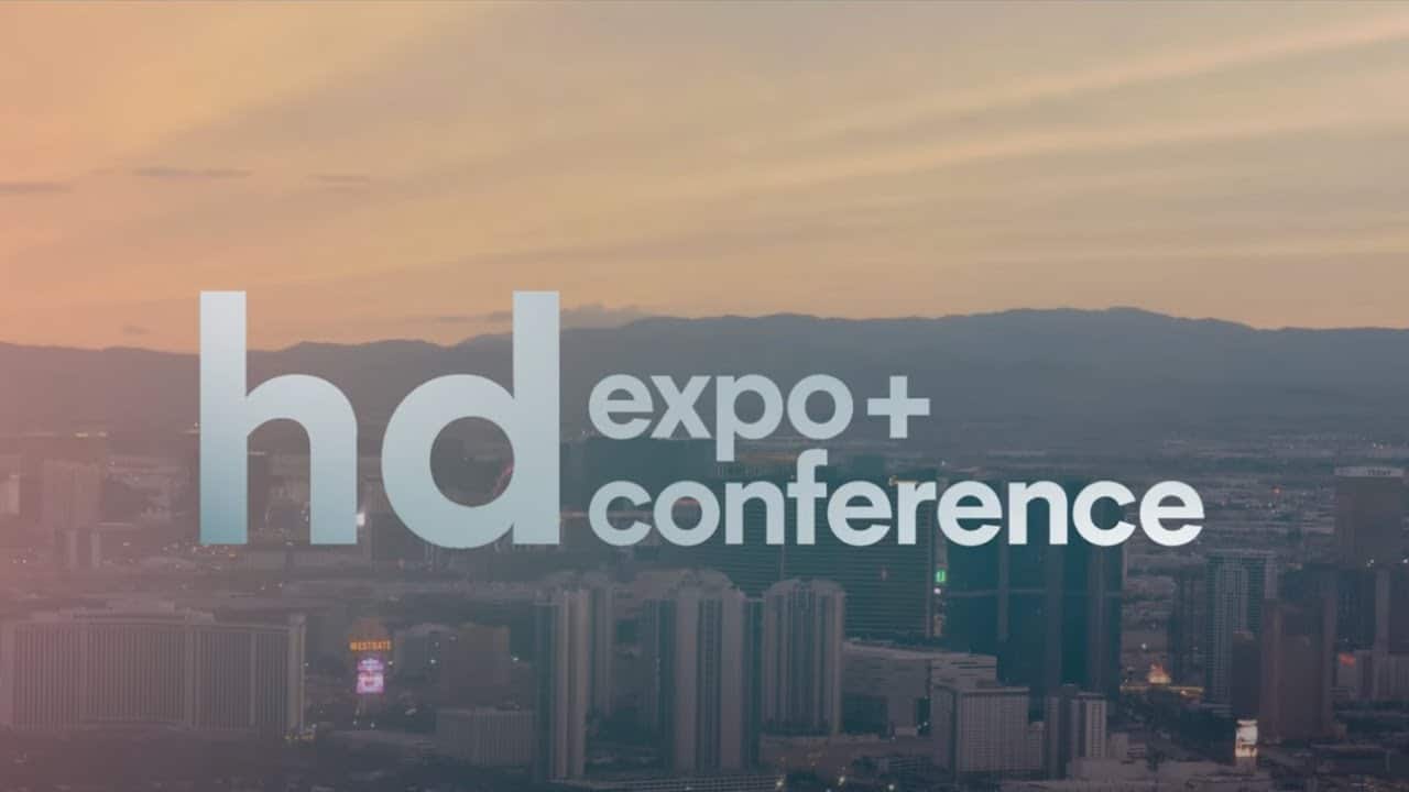 HD Expo + Conference showcasing hospitality design products, including furniture, lighting, and materials within a large exhibition environment.