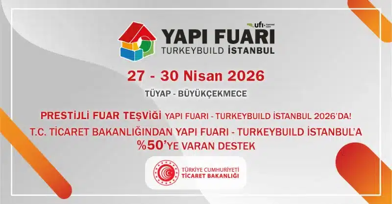 Exhibition stand at YAPI Turkeybuild Istanbul showcasing construction materials, technologies, and building systems within a large trade fair environment.