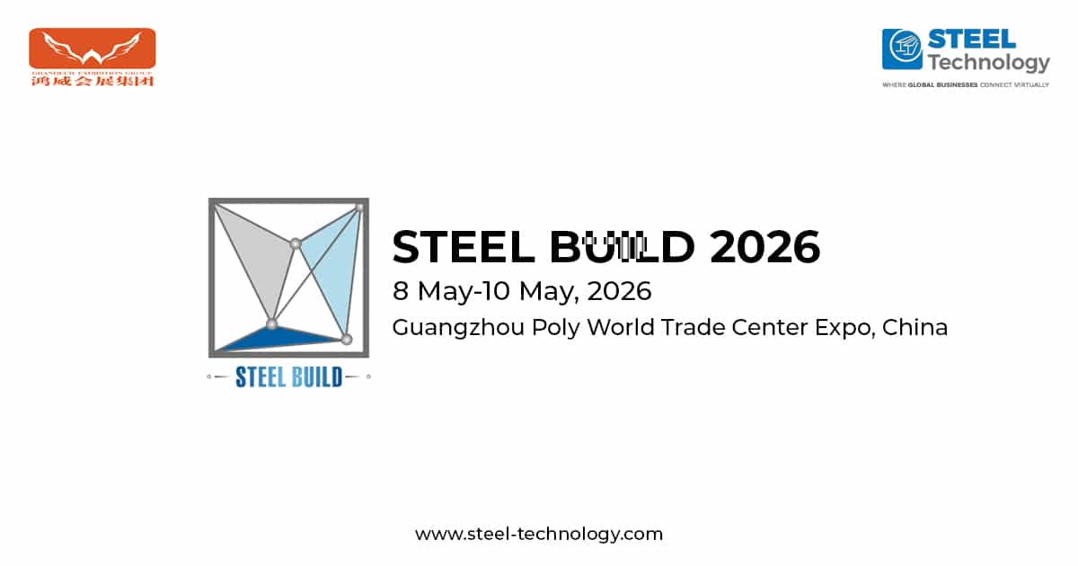 Steel Build Expo in Guangzhou showcasing steel structures, metal building materials, and construction technologies within a large exhibition hall.