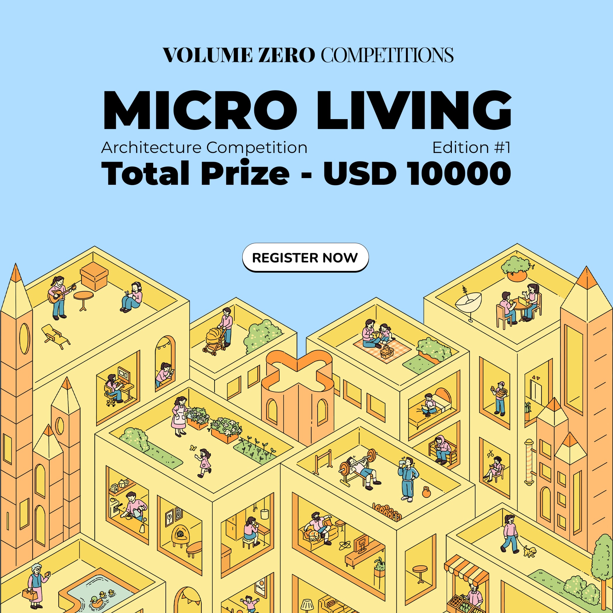 Micro Living 2026 architecture competition poster promoting innovative compact housing design and future urban living solutions