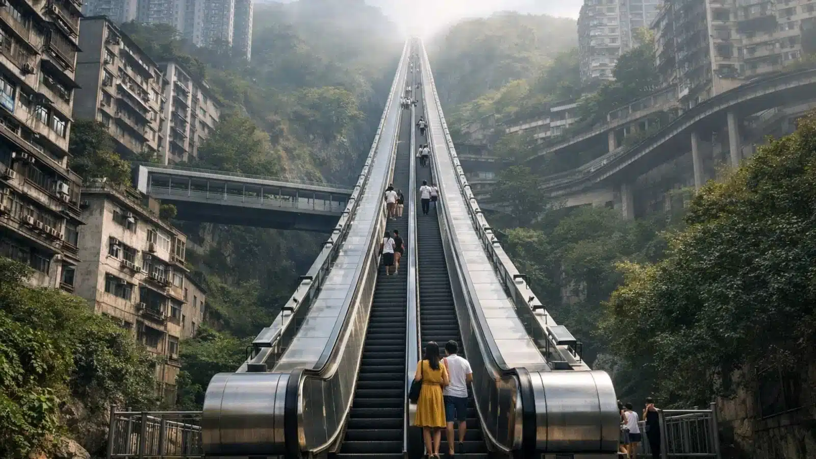 World's longest outdoor escalator climbs steep terrain as passengers ascend between mountain slopes and residential buildings in Wushan, Chongqing