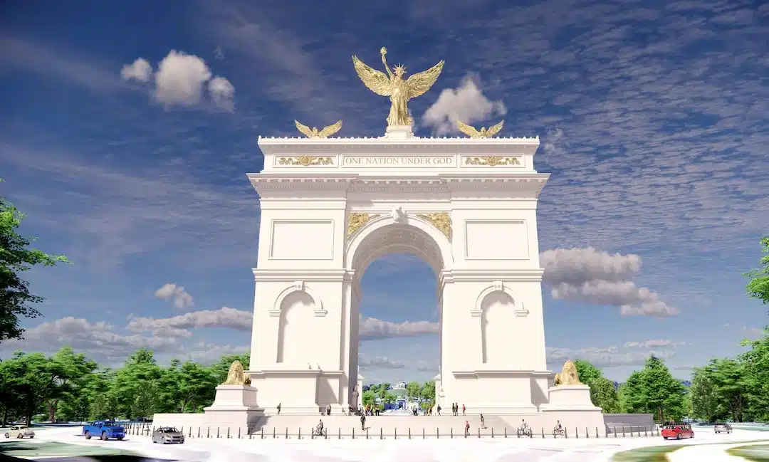 Daylight rendering of the proposed 250-foot Triumphal Arch in Washington, D.C., showing its white stone facade and golden statues.