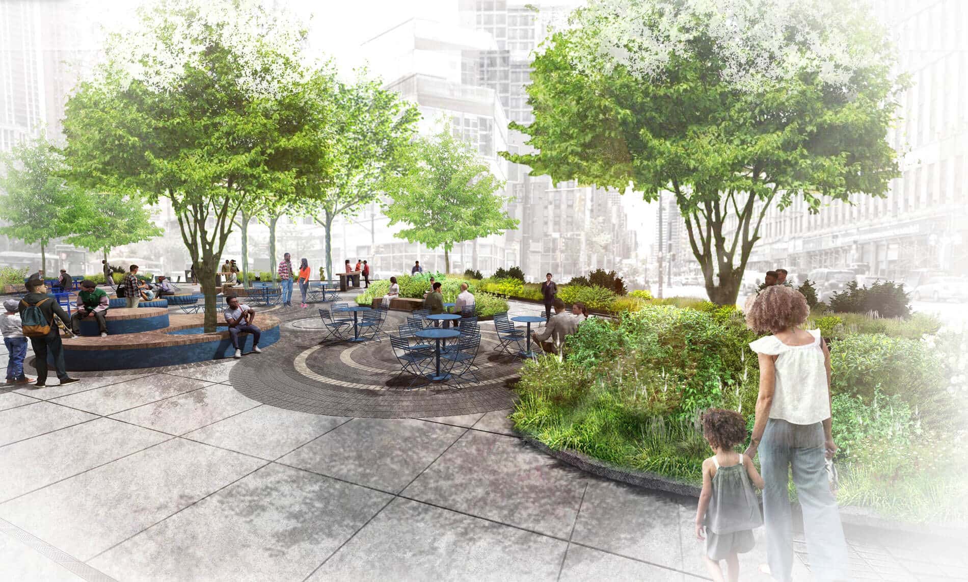 Street-level rendering of Temple Square Plaza Brooklyn showing pedestrians among mature trees, circular benches, blue café chairs, and lush planted borders along Flatbush Avenue