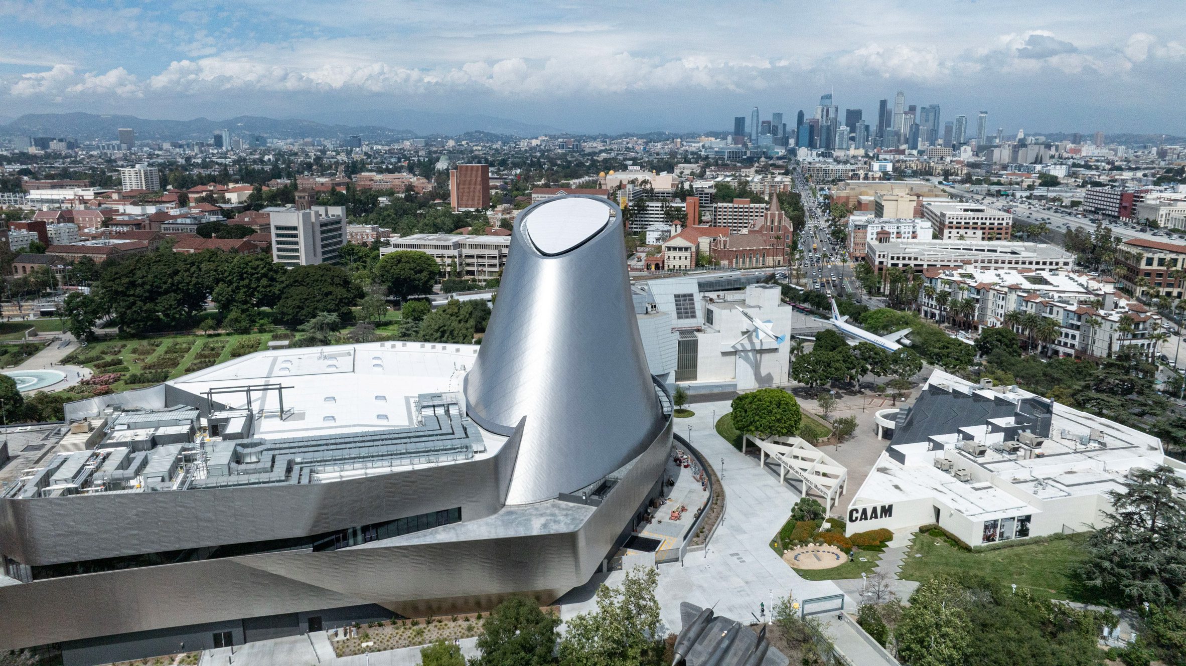 Completed stainless-steel space shuttle tower at Samuel Oschin Air and Space Center Los Angeles