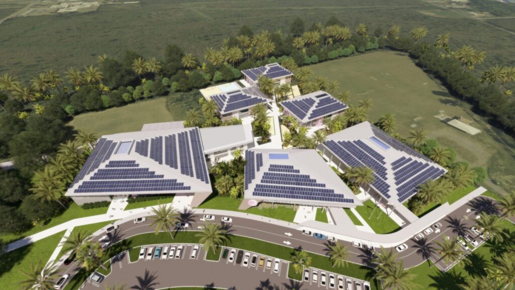Aerial render of solar-powered school campus reconstruction in US Virgin Islands