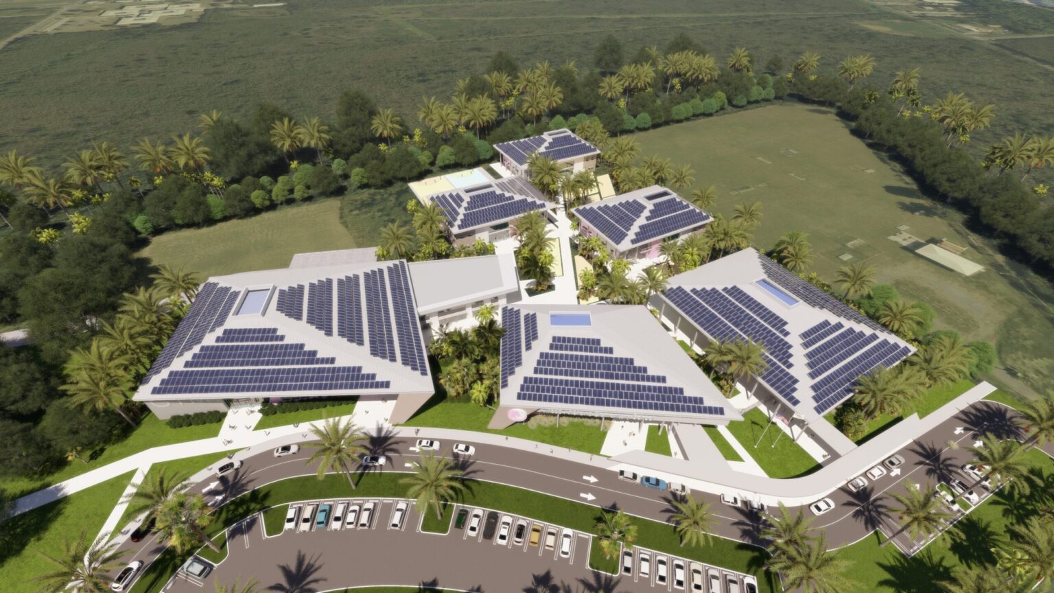 Aerial render of solar-powered school campus reconstruction in US Virgin Islands